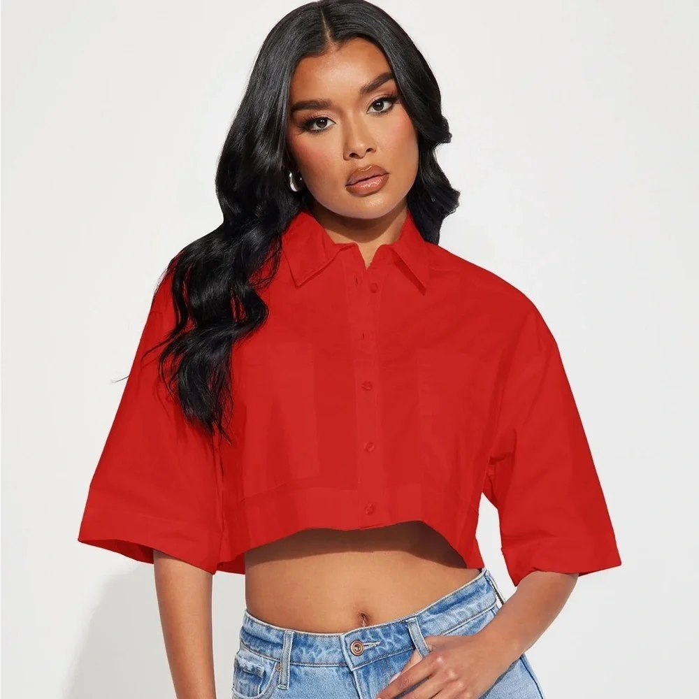 Cropped Button-Down Shirt - Red